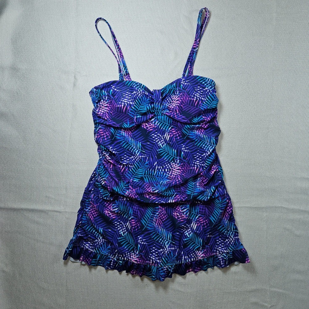 NOON SWIM Womens Tropical Leaf Print Swim Dress Skirted One Piece Swimsuit SZ 10